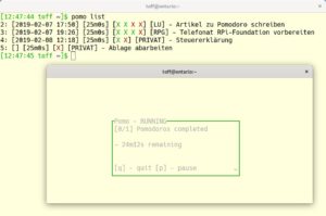 Abbildung 3: Pomodoro f&uuml;r das Terminal: Pomo bietet nicht nur ein einfaches Terminal, sondern speichert auch erledigte Aufgaben und zeigt sie mitsamt einfachen Statistiken an.