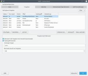 Abbildung 3: Die Standardkonfiguration des Samba-Servers in OpenSuse umfasst bereits Shares zur Druckerfreigabe und zum authentifizierten Zugriff auf die Home-Ordner aller Nutzer.