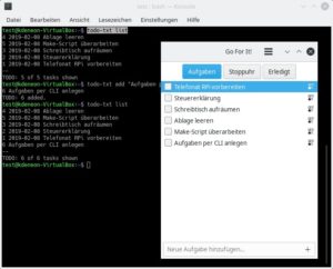 Abbildung 5: Unter der Haube speichert Go For It seine Daten im gut dokumentierten Todo.txt-Format. So lassen sich die Aufgaben auch mit anderen Programmen (hier mit <code>todo-txt</code>) oder auch mit Smartphone-Apps verwalten.