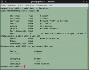 Abbildung 6: Der Befehl <code>smbclient</code> sollte, sobald der Server l&auml;uft, alle Samba-Shares des lokalen Rechners anzeigen.