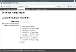 Abbildung 7: Das browserbasierte Frontend zum Verwalten von Cups bietet den einfachsten Weg, um unter Linux einen im Netz geteilten Windows-Drucker einzubinden.