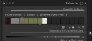 Abbildung 7: <span class="ui-element">Zusammenfassen</span> erlaubt das gleichzeitige Bearbeiten mehrerer Wavelet-Ebenen. Trotz der Verknüpfung lassen sich aber auf den unterschiedlichen Wavelet-Ebenen weiter individuelle Korrekturen anbringen, was die kleinen grünen Striche anzeigen.