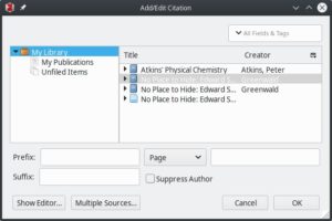 Abbildung 8: Im Zotero-Plugin suchen Sie mittels Stichwörtern nach Literaturquellen und fügen diese durch einen Klick auf <span class="ui-element">OK</span> ins Dokument ein.