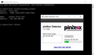 Abbildung 1: Mit Pinbox Detector ermitteln Sie unter Windows die IP-Adresse des Ger&auml;ts im lokalen Netzwerk. Alternativ gelingt das mit dem Kommando <code>nslookup pinbox</code>, das auch unter Linux funktioniert.