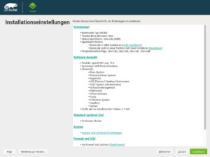 Abbildung 1: Der OpenSuse-Installer erlaubt zahlreiche Einstellungen, im Bild als gr&uuml;ne Links zu sehen.