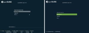 Abbildung 2: Die Boot-Men&uuml;s der OpenSuse-Installations-DVD unterscheiden sich f&uuml;r Systeme mit BIOS (links) und UEFI (rechts) geringf&uuml;gig.