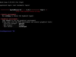 Abbildung 2: SystemRescueCD startet standardmäßig auf die Kommandozeile. Das ist besonders nützlich, wenn Linux die Grafikkarte nicht erkennt.
