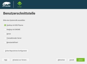 Abbildung 3: Der OpenSuse-Installer erlaubt die Wahl zwischen zwei Desktop-Umgebungen. Mit der Option <span class="ui-element">Benutzerdefiniert</span> w&auml;hlen Sie die zu installierenden Pakete noch detaillierter.