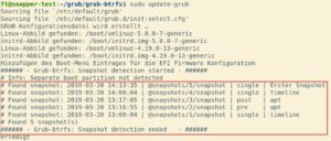 Abbildung 5: Der Befehl <code>update-grub</code> veranlasst den Bootmanager dazu, beim n&auml;chsten Neustart alle bereits angelegten Snapshots anzuzeigen.