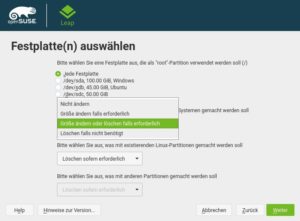 Abbildung 5: Das <span class="ui-element">Gef&uuml;hrte Setup</span> bietet unter anderem Wahlm&ouml;glichkeiten f&uuml;r den Umgang mit vorhandenen Windows-Installationen (Dropdown Mitte) oder anderen Linux-Installationen.