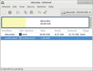 Abbildung 6: GParted würde hier die erste Festplatte (<code>/dev/sda</code>) ändern, die 30 GByte auf der Festplatte einnimmt.