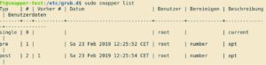 Abbildung 8: Pre-Post-Snapshot-Paare lassen sich an einem <code>apt</code> in der Beschreibung leicht erkennen. Indem Sie beide vergleichen, identifizieren Sie Paketmanipulationen und machen diese gegebenenfalls r&uuml;ckg&auml;ngig.