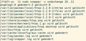 Abbildung 10: Der Befehl <code>snapper undochange</code> rollt auf einen Pre-Snapshot zur&uuml;ck und nimmt damit alle &Auml;nderungen der vorangegangenen Paketmanipulation zur&uuml;ck.