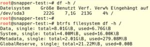 Abbildung 13: Je mehr Snapshots das System bev&ouml;lkern, desto mehr weichen die Angaben von Bordmitteln wie <code>df -h</code> vom realen F&uuml;llstand der Platte ab. Hier kommen die f&uuml;r Btrfs entwickelten Befehle zum Einsatz.