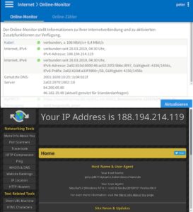 Abbildung 1: Stimmen die IPv4-Adressen der Status-Seite der Fritzbox (oben) und der im Browser aufgerufenen Seite <a href="http://whatsmyip.org" target="_blank">http://whatsmyip.org</a> (unten) überein, bleiben Sie von den Einschränkungen des sogenannten Dual Stack Light verschont.