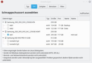 Abbildung 2: Der Reiter <span class="ui-element">Ort</span> zeigt nur verwendbare Linux-Partitionen an. Hier sollten Sie m&ouml;glichst einen Speicherort au&szlig;erhalb der System- und Home-Partition angeben.