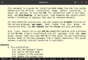 Abbildung 2: Die Darstellung der gew&uuml;nschten Fundstelle des Arch-Wiki findet im Format der Linux-Manpages statt.