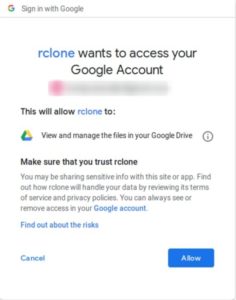 Abbildung 2: Der Dialog erlaubt Rclone den Zugriff auf Ihre Google-Drive-Instanz. Kommt der Kontakt nicht zustande, hilft die manuelle Eingabe des Links.
