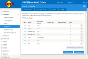 Abbildung 2: Unter <span class="ui-element">Internet</span> | <span class="ui-element">Freigaben</span> | <span class="ui-element">VPN</span> zeigt die Fritzbox bereits eingerichtete VPN-Zugänge und deren Aktivitätsstatus.