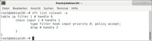 Abbildung 3: Der Befehl <code>nft list ruleset -a</code> listet alle gesetzten Regeln auf.