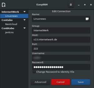 Abbildung 3: Eine neue Verbindung ist schnell erstellt. EasySSH speichert alle nötigen Zugangsdaten und reduziert den Aufbau der Verbindung auf einen Mausklick.