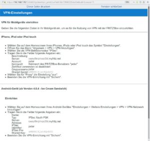 Abbildung 5: Die Fritzbox liefert Anleitungen zum Einrichten clientseitiger VPN-Verbindungen für das iPhone oder Android-Smartphones, die sich leicht auf den Netzwerkmanager unter Linux übertragen lassen.