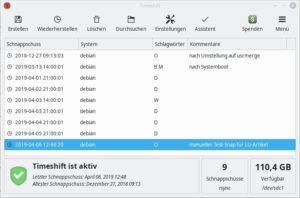 Abbildung 6: Timeshift l&auml;uft auf dem abgebildeten System seit rund zwei Jahren ohne Probleme. Nach dem ersten Monat schwankt der belegte Speicherplatz nur noch minimal. Ein Klick auf einen Snapshot aus der Liste erlaubt die Eingabe von Kommentaren.