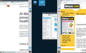 Abbildung 7: Auf breiten Displays verschwendet der Standard-OpenSuse-Desktop wertvolle H&ouml;he (links). F&uuml;r mehr Platz entriegeln Sie die Taskleiste, ziehen sie an den linken Rand und verbreitern sie etwas. KDE zeigt dann automatisch gro&szlig;e Programm-Icons ohne st&ouml;renden Text (Mitte). Mit linksliegender Leiste und im Vollbildmodus ausgeblendeten Fenstertiteln bleibt f&uuml;r die Anzeige ein Maximum an H&ouml;he (rechts).