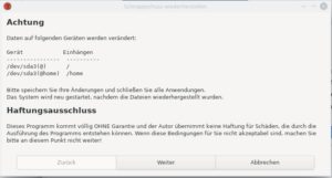 Abbildung 9: Das letzte Fenster vor Beginn der R&uuml;cksicherung zeigt (hier als Beispiel mit Btrfs) noch einmal an, was passiert, sobald Sie <span class="ui-element">Weiter</span> dr&uuml;cken. Danach gibt es kein Zur&uuml;ck mehr.