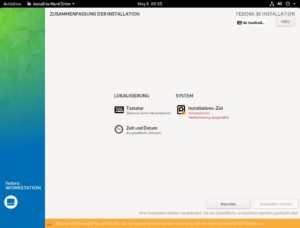 Abbildung 2: Selbst im Automatik-Modus bei einer Festplatte im Rechner m&uuml;ssen Sie unter Fedora den Dialog hinter der Option <span class="ui-element">Installations-Ziel</span> aufrufen, erst dann aktiviert der Assistent den Schalter <span class="ui-element">Installation starten</span>.