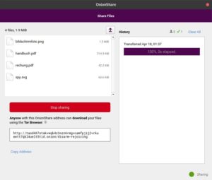 Abbildung 2: Die OnionShare-Adresse senden Sie an Ihren Kontakt. Die History zeigt, wie oft und wann eine Datei heruntergeladen wurde &ndash; allerdings nicht von wem.