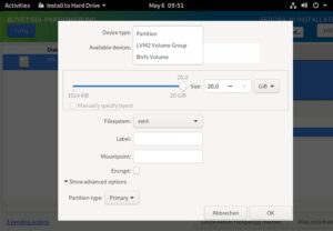 Abbildung 3: Der erweiterte Partitionierer von Fedora sieht &auml;hnlich aus wie jener von Ubuntu, unterst&uuml;tzt jedoch auch die Konfiguration von Btrfs-Volumes.