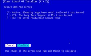 Abbildung 3: Drei Kernel bietet Clear Linux OS zur Auswahl, wobei die Möglichkeiten von Bleeding Edge über LTS bis hin zu Intels Enterprise-Kernel mit Backports reichen.