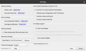 Abbildung 4: &Uuml;ber die Einstellungen l&auml;sst sich OnionShare konfigurieren. Am wichtigsten sind die Optionen unter <span class="ui-element">General settings</span> und <span class="ui-element">Onion settings</span>.