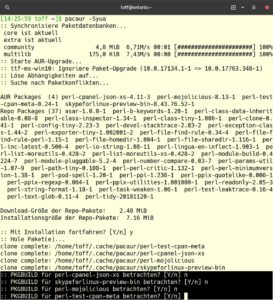 Abbildung 5: Der AUR-Helper Pacaur galt als verwaist, wurde aber wiederbelebt. Die St&auml;rke des Programms liegt weiterhin im Ablauf: Das Werkzeug stellt alle zu beantwortenden Fragen vor dem (oft zeitaufwendigen) Build-Prozess.