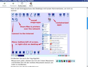Abbildung 6: Der <span class="ui-element">HelpSurfer</span> erläutert die auf dem Desktop befindlichen Icons. Die drei Exemplare mit Vorhängeschloss führen zu Containern. Hinter <span class="ui-element">Easy</span> verbirgt sich ein containergelagertes, komplettes EasyOS.