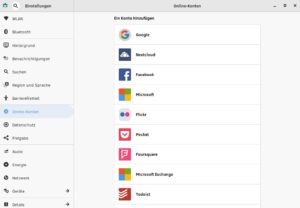Abbildung 6: &Uuml;ber die <span class="ui-element">Online-Konten</span> integrieren Sie neben kommerziellen Internet-Diensten wie Google, Facebook und Co. auch freie Alternativen in den Desktop.