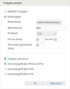 Abbildung 7: SSH kennt die Fritzbox nur als <span class="ui-element">Andere Anwendung</span>. Das bedeutet aber lediglich, dass Sie die Portnummer&nbsp;22 per Hand eingeben m&uuml;ssen.