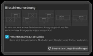 Abbildung 7: Beim ersten Anschluss eines Beamers fragt KDE nun, ob es den Laptop-Schirm klonen oder separate Desktop-Fl&auml;che links oder rechts davon bereitstellen soll.