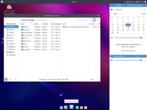 Abbildung 8: Der Budgie-Desktop setzt auf Prim&auml;rfarben und schlichte Formen. Charakteristisch sind auch die rechtsliegende App- und Meldungsschublade.