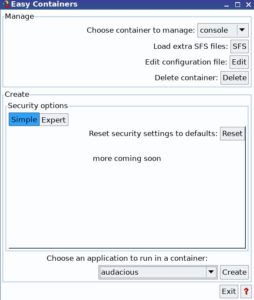 Abbildung 9: Eine weitere einfache GUI verwaltet die Container innerhalb des Systems. Im <span class="ui-element">Expert</span>-Modus lassen sich gezielt Kernel-Funktionen zum Absichern der Container nutzen.