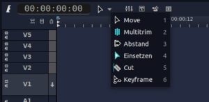 Abbildung 3: Diese Werkzeuge bietet Ihnen Flowblade an, wenn Sie im Assistenten aus <a href="#artRef-f1">Abbildung 1</a> den <span class="ui-element">Standard</span>-Workflow wählen. Über das Wellensymbol (hier links oben zu sehen) passen Sie das Menü an.