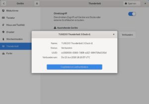 Abbildung 3: Das Thunderbolt-Dock m&uuml;ssen Sie im System (hier Gnome&nbsp;3.32.2 unter Arch Linux) legitimieren. Danach stehen die am Dock angeschlossenen Ger&auml;te am Notebook bereit.