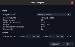 Abbildung 4: Hier würde Flowblade davon ausgehen, dass das Videomaterial im HD-Format vorliegt und 50 Vollbilder pro Minute (<span class="ui-element">720p</span>) nutzt.