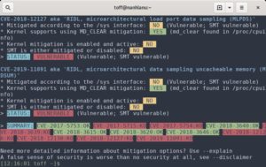 Abbildung 4: Mit den MLFA-Parametern gestartet, f&auml;llt das System mit Pauken und Trompeten durch die Pr&uuml;fung des Spectre&nbsp;&amp;&nbsp;Meltdown Checkers. Wie viele Tests es rei&szlig;t, h&auml;ngt von der im Rechner verbauten CPU ab.