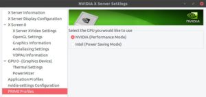 Abbildung 6: In den <span class="ui-element">Nvidia X Server Settings</span> nehmen Sie Einstellungen zur Grafikkarte vor und schalten bei Bedarf von der stromsparenden Intel-GPU auf die leistungsfähigere Nvidia-Karte um.