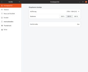Abbildung 6: Gerät die Darstellung unter Ubuntu zu fitzelig, lässt sich das in den Einstellungen ändern. Dazu legen Sie unter <span class="ui-element">Anzeigegeräte</span> die Skalierung auf 200 Prozent fest.