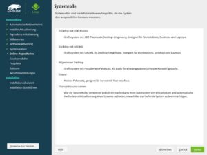 Abbildung 1: Bei der Installation wählen OpenSuse-Anwender zwischen den beiden Desktop-Umgebungen KDE Plasma und Gnome.