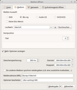 Abbildung 1: Unter <span class="ui-element">Medien &ouml;ffnen</span> im VLC-Player w&auml;hlen Sie <span class="ui-element">Blu-ray</span>, darunter das zugeh&ouml;rige Laufwerk.