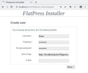 Abbildung 1: Im Flatpress-Installer tragen Sie lediglich einen Benutzernamen, ein Passwort und eine zugeh&ouml;rige E-Mail-Adresse ein. Die Homepage-Adresse tr&auml;gt Flatpress automatisch ein, Sie m&uuml;ssen sie nur in Sonderf&auml;llen anpassen.